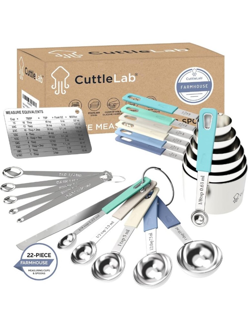 22-Piece Stainless Steel Measuring Cups & Spoons Set with Conversion Chart